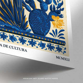 Hand-drawn Mexican folk art print with flowers and prickly pear cactus.