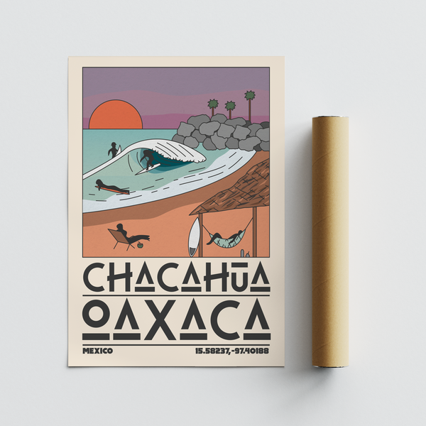 Coastal wall graphic showing palm trees and breakwater silhouettes