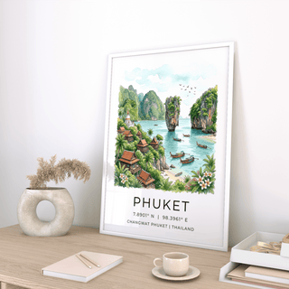 Landscape travel print poster featuring tropical bay, birds, and limestone cliffs