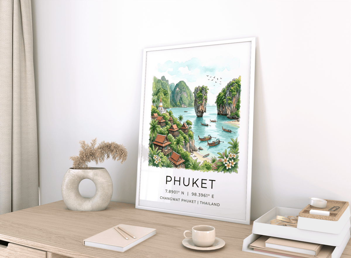 Landscape travel print poster featuring tropical bay, birds, and limestone cliffs