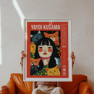 Quirky wall art print of a girl with polka-dotted cheeks and colorful cats.