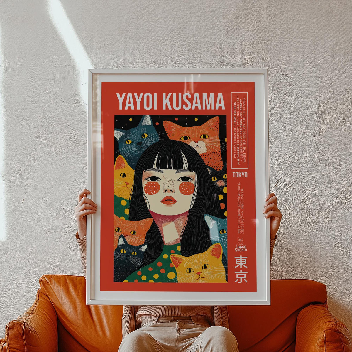 Quirky wall art print of a girl with polka-dotted cheeks and colorful cats.