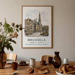 Painterly city-square artwork with detailed guildhall roofs and open market