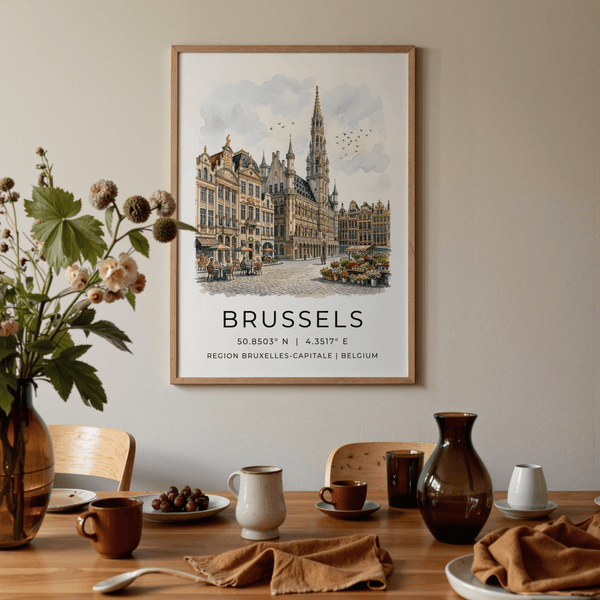 Painterly city-square artwork with detailed guildhall roofs and open market