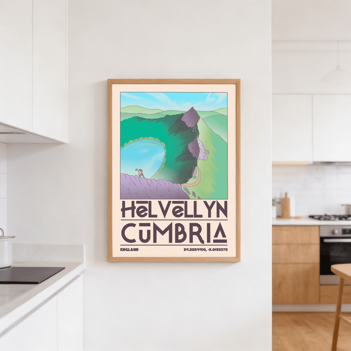Flat-illustration landscape poster print with craggy peak, valley slopes, and lake