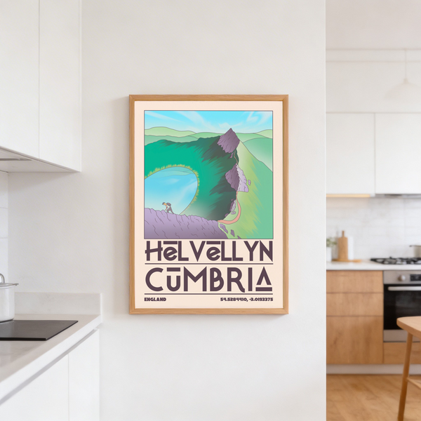 Flat-illustration landscape poster print with craggy peak, valley slopes, and lake