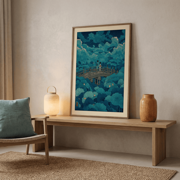 Hasui Kawase lotus pond print showing two figures on a wooden arched bridge