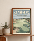 Close-up of headline text ST ANDREWS THE HOME OF GOLF on wall art poster
