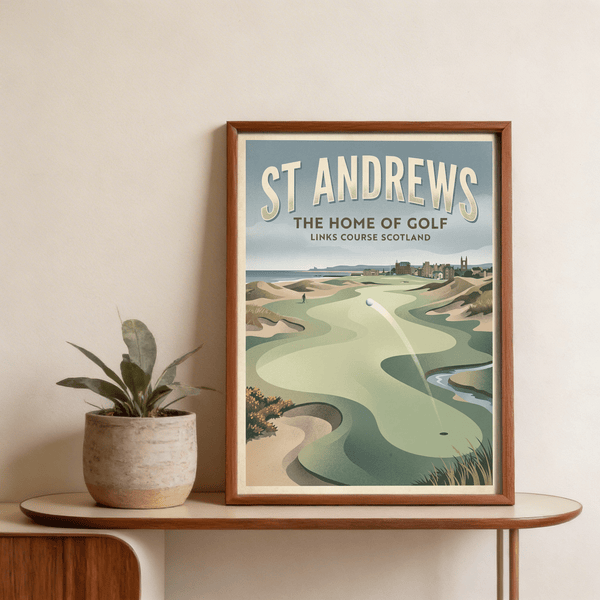 Close-up of headline text ST ANDREWS THE HOME OF GOLF on wall art poster