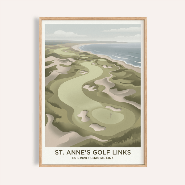 Overhead links course wall art print with winding fairway beside the sea
