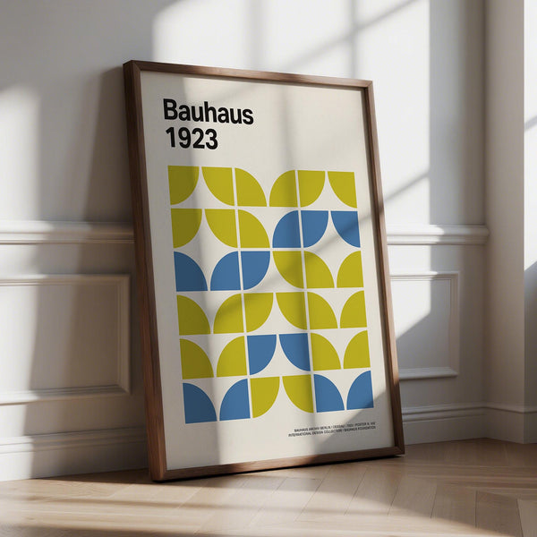 Bauhaus-inspired modern geometric art print featuring bold, mirrored forms.