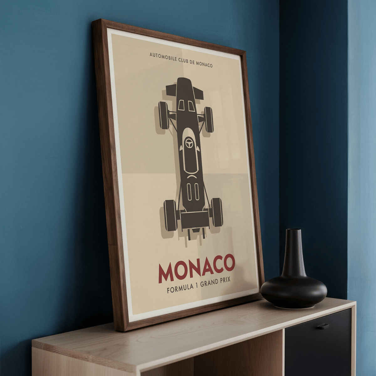 Typography detail wall art print showing large MONACO letters and smaller Formula 1 Grand Prix text line