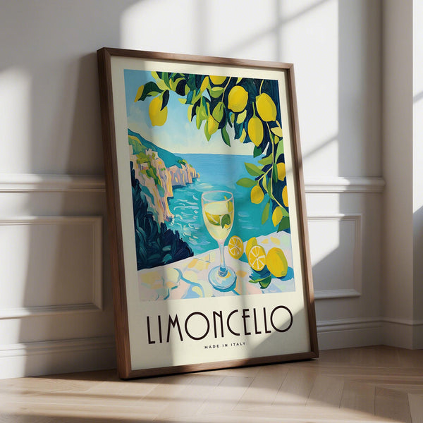 Vintage Italian Drink Posters with limoncello glass and sea view