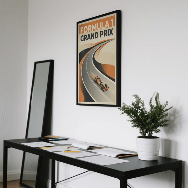 Cropped print detail of the racetrack curve and lane lines on a motorsport poster