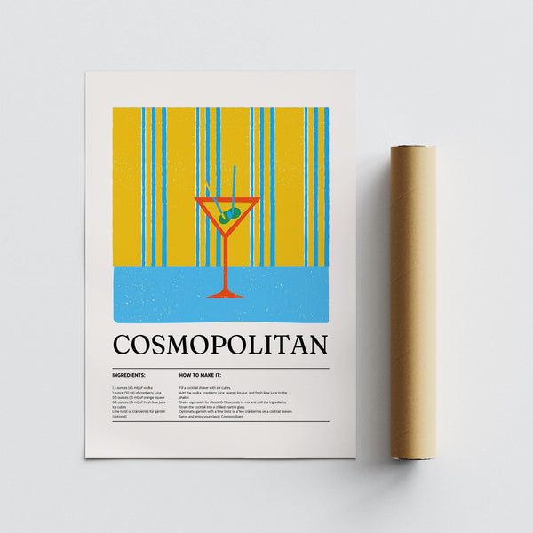 Cocktail-themed kitchen print with clean, colorful illustration of a Cosmo.