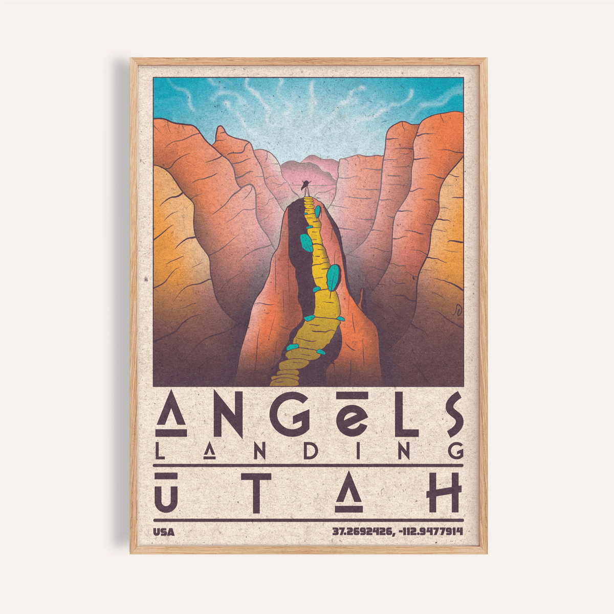 Angels Landing Utah poster print with canyon cliffs and winding ridge trail, Zion National Park Art