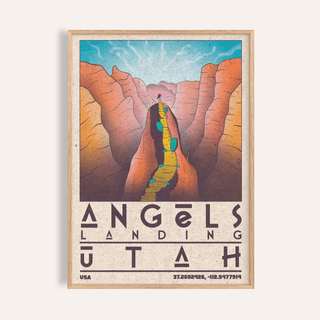 Zion National Park art of a mountain trail with a hiker in retro colours with text below