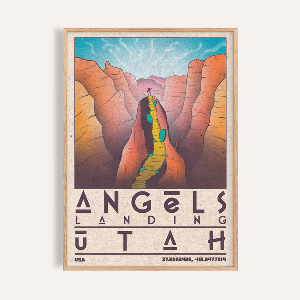 Angels Landing Utah poster print with canyon cliffs and winding ridge trail, Zion National Park Art