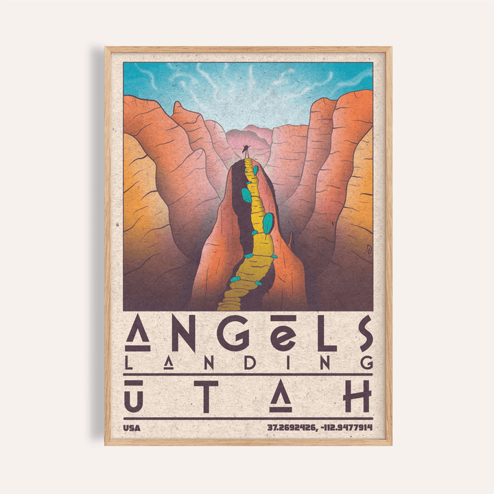 Angels Landing Utah poster print with canyon cliffs and winding ridge trail, Zion National Park Art