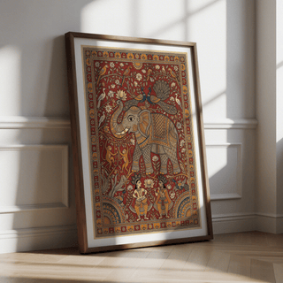 Indian Elephant Art Print poster with intricate linework elephant and surrounding floral vines