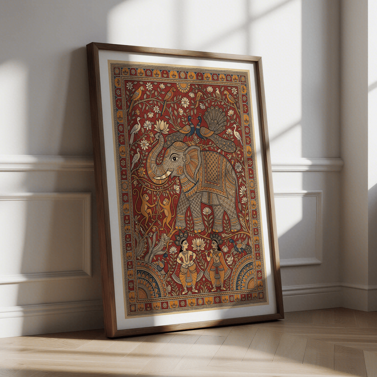 Indian Elephant Art Print poster with intricate linework elephant and surrounding floral vines