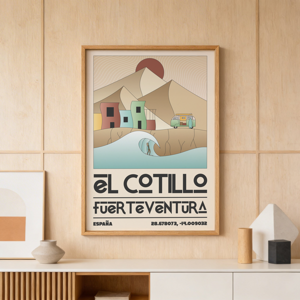 Showcasing the El Cotillo Surfing Poster print with camper van, surfboard on roof, and shoreline wave illustration