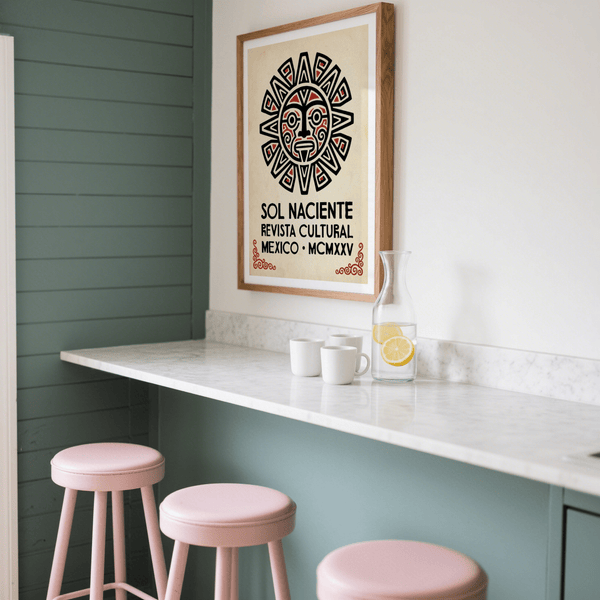 Mask-like sun face wall art print with triangular rays