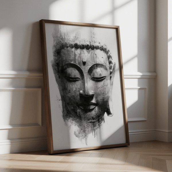 Tranquil Zen Home Decor Buddha wall print in black, gray for quiet office