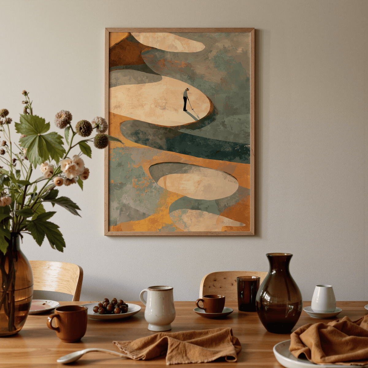 Painterly design of golfer holding club amid soft gradient shapes