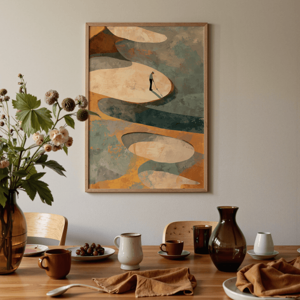 Painterly design of golfer holding club amid soft gradient shapes