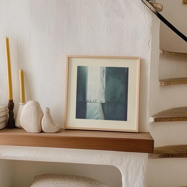 Thought-provoking wall art showcasing figures on a fragile pathway