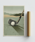 Golf-themed wall poster showing Golf Iron Seven Print with iron head, ball, and muted course backdrop