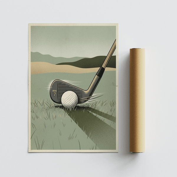 Golf-themed wall poster showing Golf Iron Seven Print with iron head, ball, and muted course backdrop
