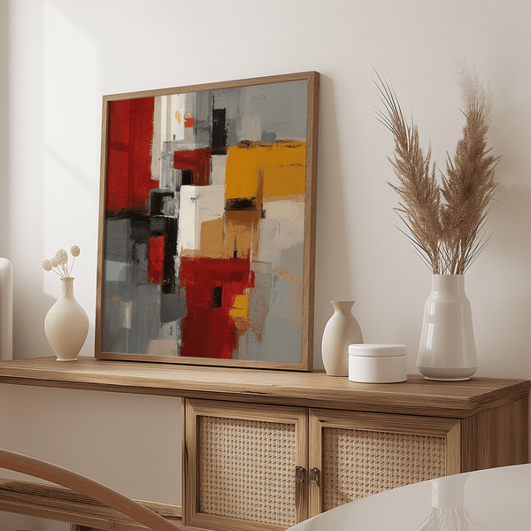 Bold Colorful Abstract Poster Art in gray, red, and yellow for creative studios