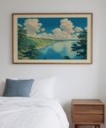 Close-up Hasui Kawase seascape print wall art with pine silhouettes and horizontal water lines