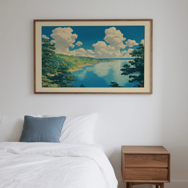 Close-up Hasui Kawase seascape print wall art with pine silhouettes and horizontal water lines