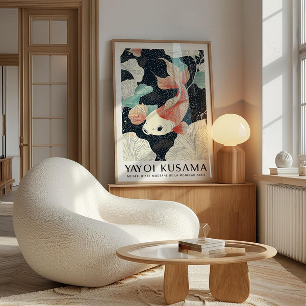 Minimalist Koi Carp Wall Art with dark navy background and pastel colors.