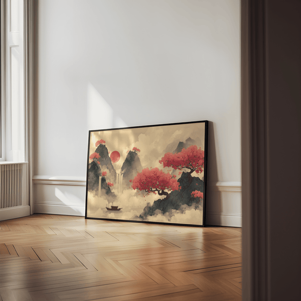 Chinese Ink Wall Art with mountain and trees, Pink, Blue, Beige poster