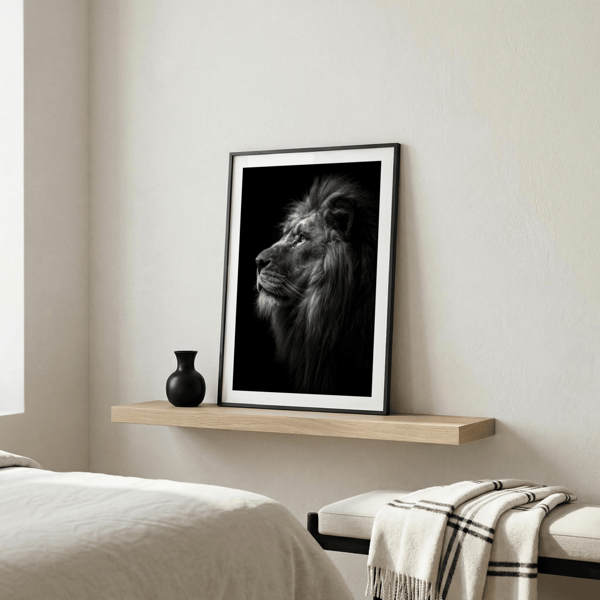 Monochrome lion wall art poster with dark background and negative space
