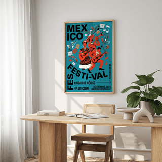 Folk festival wall art with oversized MEXICO type and curved musical notes