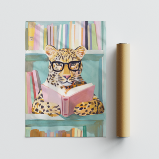 Soft watercolor poster of a leopard reading, with vertical book spines in the background