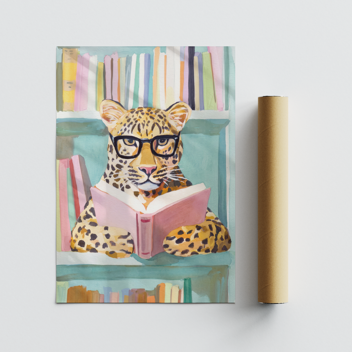 Soft watercolor poster of a leopard reading, with vertical book spines in the background