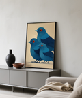 Illustration poster of three birds grouped together with central motif composition and open negative space