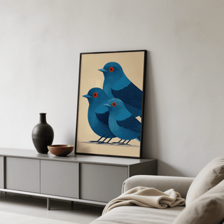 Illustration poster of three birds grouped together with central motif composition and open negative space