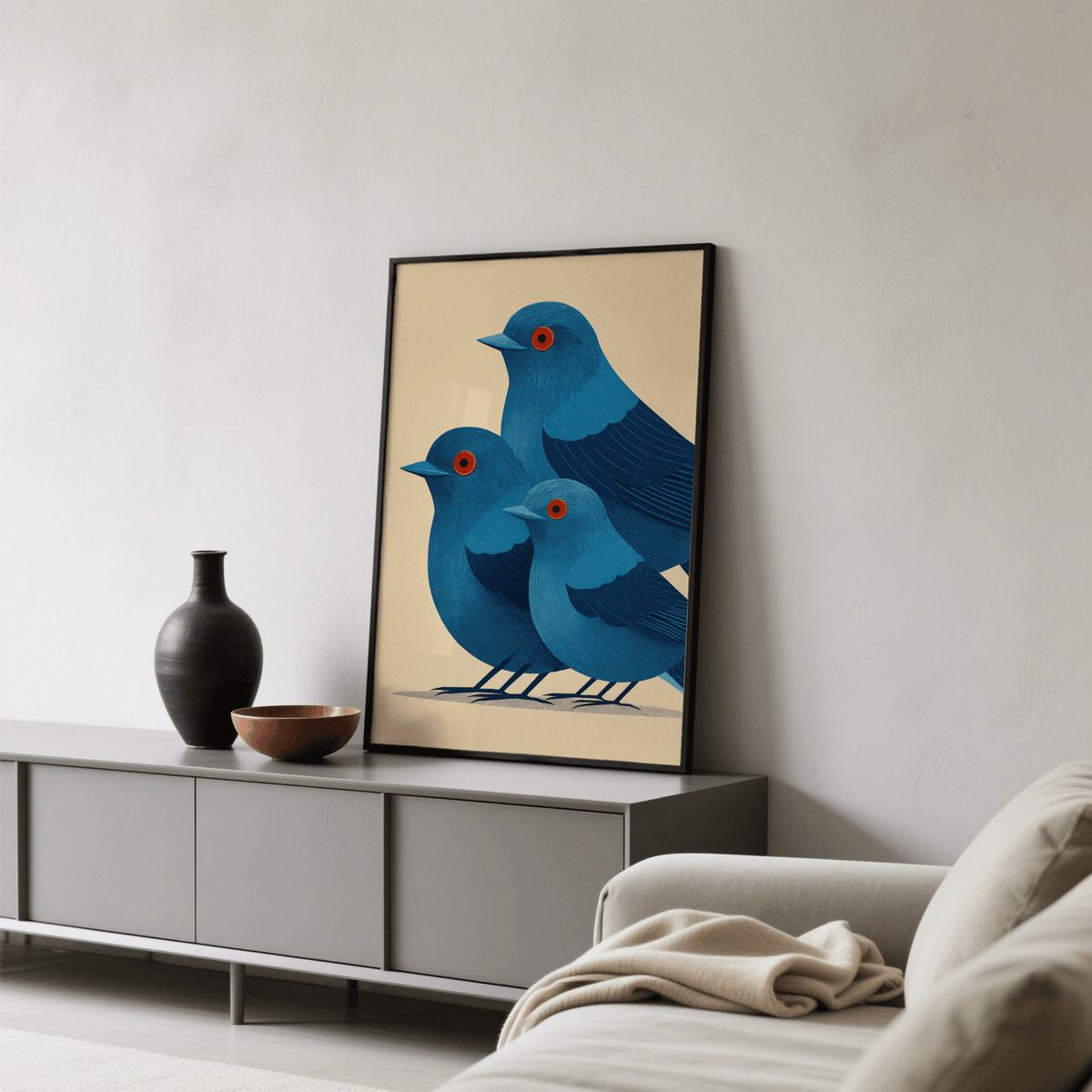 Illustration poster of three birds grouped together with central motif composition and open negative space