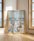 Beach Umbrella Art Print with seaside design in blue, beige and white for guest room