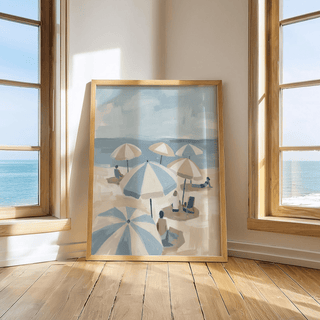 Beach Umbrella Art Print with seaside design in blue, beige and white for guest room