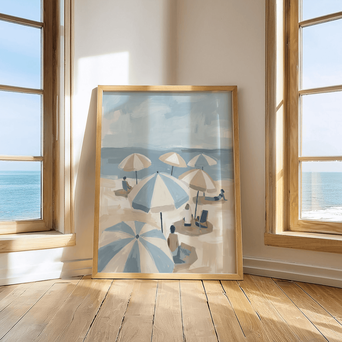 Beach Umbrella Art Print with seaside design in blue, beige and white for guest room