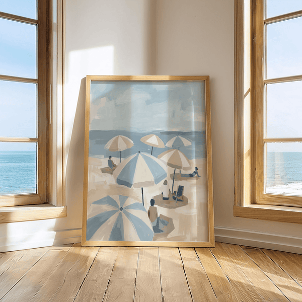 Beach Umbrella Art Print with seaside design in blue, beige and white for guest room