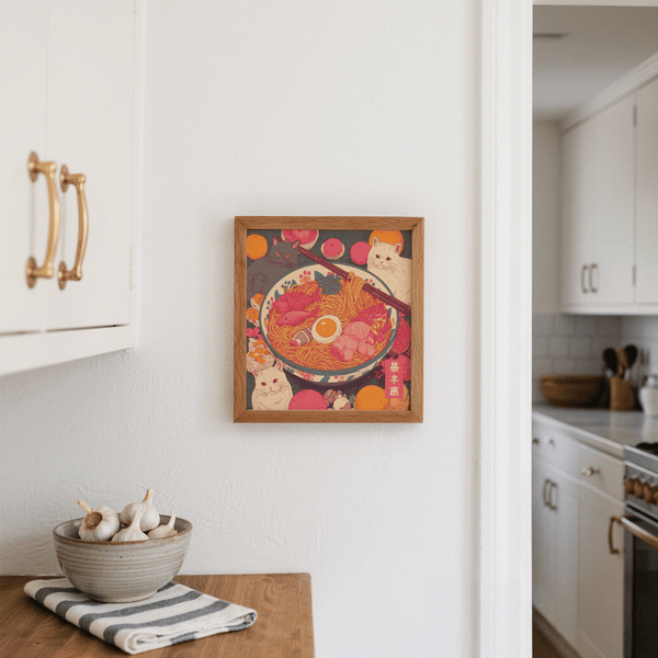Ramen Cat Print wall art with Pink and Orange tones for office